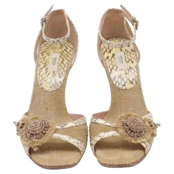 Prada Embellished Snakeskin Accent Sandal Heels in Beige Jute Linen - Picture 2 of 12